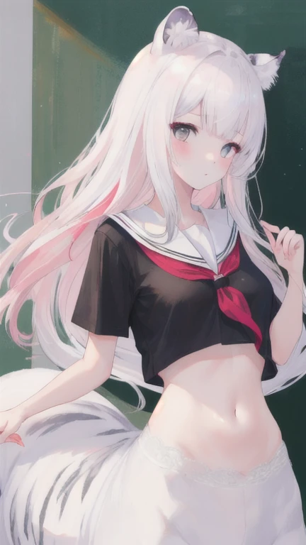 (best quality, masterpiece), 1 girl, centaur, I beg, White skin, Korean schoolgirl,daughter,black pink, exposing the abdomen, belly button t-shirt , , beautiful girl perfect, White tiger photo, 완벽한 White tiger photo