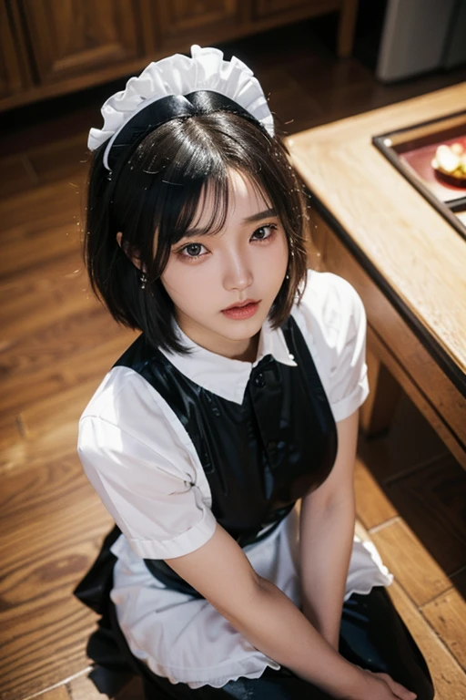 (A 20-year-old Japanese slender beautiful girl), (Small breasts:1.5,)solo, (masterpiece, High resolution, High detail, Highest quality, Very detailed, Ultra high definition), (Textured skin:1.25),(Reality:1.25), ((Ray Tracing,Portrait Photography)), Cinematic light effects,Light from an angle, ((realism)), ((Surrealism)),8k octane, ((Natural Makeup,Diamond earrings)),Aperture value F1.8, (((Black Hair, Shiny Hair, Bob Hair))),(((Maid Cafe Maid Uniform,Crouching,Diagonal view from above)))