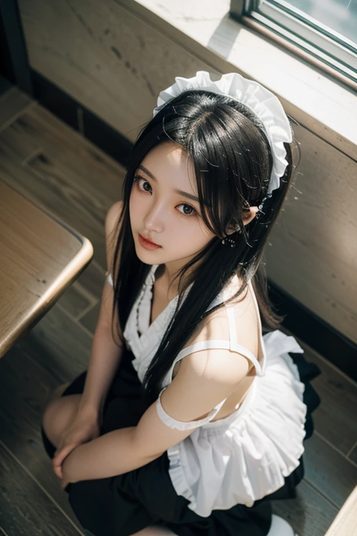 (A 20-year-old Japanese slender beautiful girl), (Small breasts:1.5,)solo, (masterpiece, High resolution, High detail, Highest quality, Very detailed, Ultra high definition), （Textured skin:1.25),(Reality:1.25), ((Ray Tracing,Portrait Photography)), Cinematic light effects,Light from an angle, ((realism)), ((Surrealism)),8k octane, ((Natural Makeup,Diamond earrings)),Aperture value F1.8, (((Black Hair, Shiny Hair, Bob Hair))),(((Maid Cafe Maid Uniform,Crouching,Diagonal view from above)))