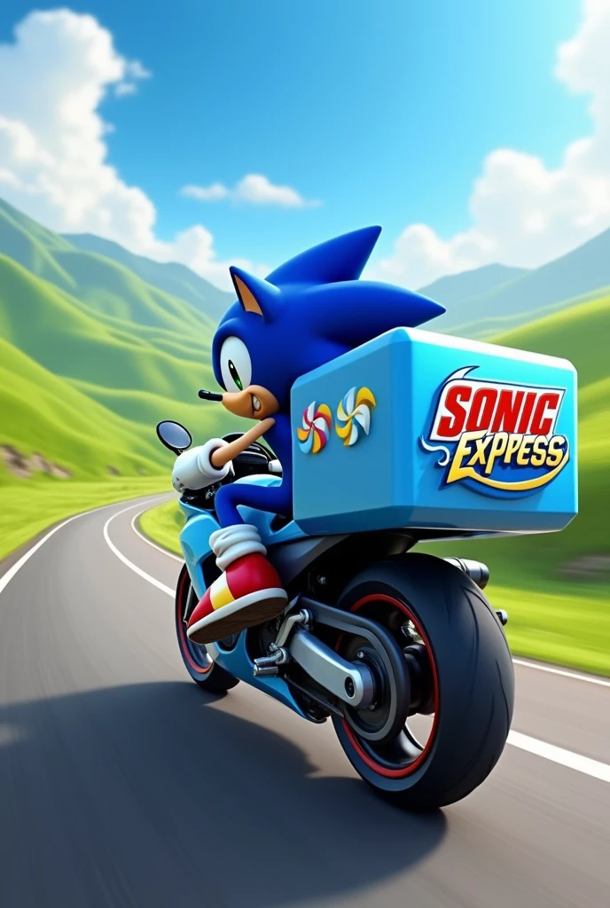 Sonic riding a motorcycle with a backpack bigger than the light blue delivery color that says "Sonic Express"