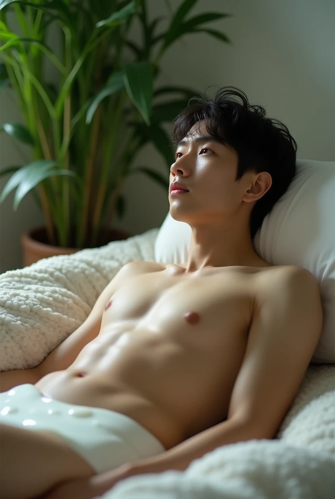 Young Japanese man、naked、Lying down、There are droplets of thick milk in her belly.
