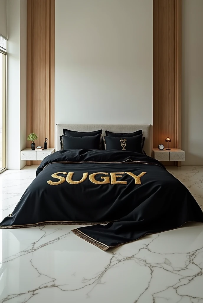 Very large bed and black Versace king size duvet with Sugey&#39;s name in gold, ivory marble floor, minimalist bedroom