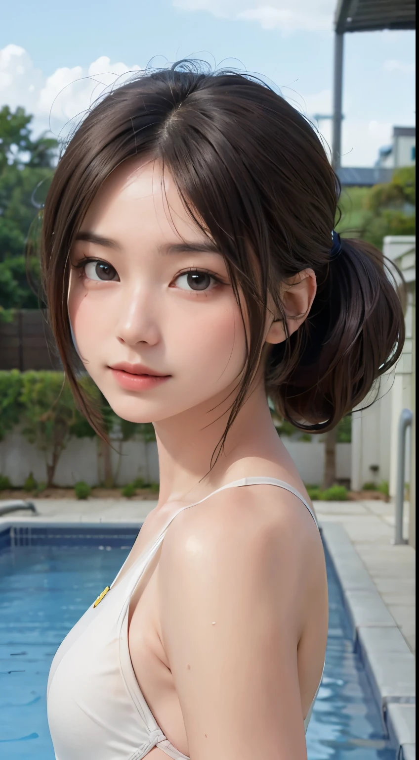 highest quality, RAW Photos, Realistic, face, Incredibly beautiful girl, cute,ponytail,Written boundary depth, High resolution, Super detailed, detailed, Very detaileded, extremely detaileded eye and face, Sharp pupils, Realistic students, Sharp focus, Cinema Lighting, Japanese,Short women,Physical build,Long, narrow eyes, Fleeting atmosphere,((thin lips)), White top and bottom underwear, Masterpiece, highest quality, Detailed skin, Detailed face, Fine grain, 32K, Excellent anatomy, Upper body portrait，flat breasts, small breasts, small,( small bust: 1.2), small bust, (slim, small, flat, small), thin, Delicate and sexy collarbone, One Girl, (Beautiful girl, Delicate girl:1.3), (:1.3),(One piece swimsuit, Swimsuit:1.2),(Pool:1.3),(Symmetrical eyes:1.3),Small Chest, Brown eyes, Parted bangs, Brown Hair, (Upper teeth, The best smile:0.2),(Eyes and face detail:1.0),(masterpiece, highest quality, Super detailed, Detailed face, 32K)