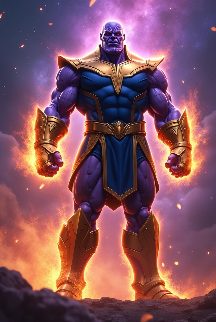 Thanos with the Infinity Gauntlet fused with the Heart of the Universe and the Phoenix Force