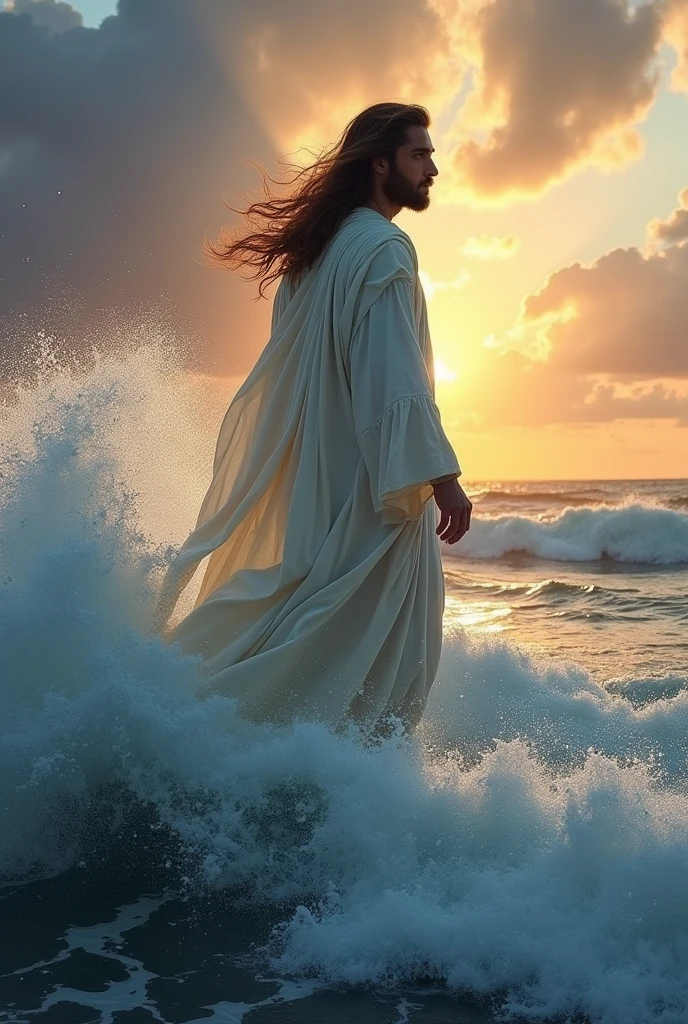 man in Jesus' robes crossing over turbulent sea