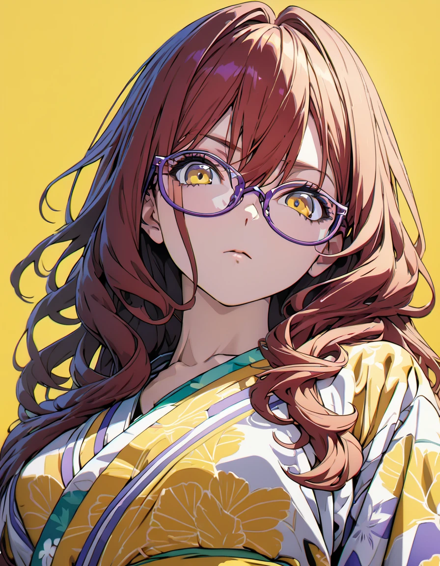 (masterpiece)、(absurdres)、(ultra detailed)、(8k),Anime illustration,BREAK,(yellow simple background:1.5),BREAK,(simple purple glasses),BREAK,Expressionless,potrait shot,独奏,(woman:1.1),(wavy hair:0.9),red hair,(long hair:1.1),hair between eyes,BREAK,(yellow eyes),BREAK,(Floral kimono),from below、looking viewer,