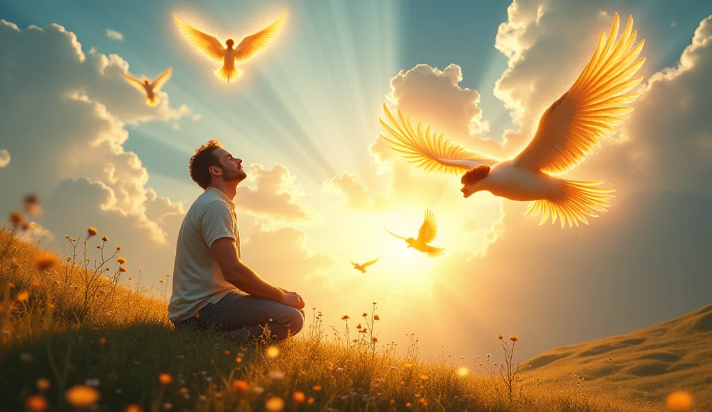 A realistic man kneeling praying in a beautiful landscape with angels flying in the sky protecting with lots of light and fire with sparks