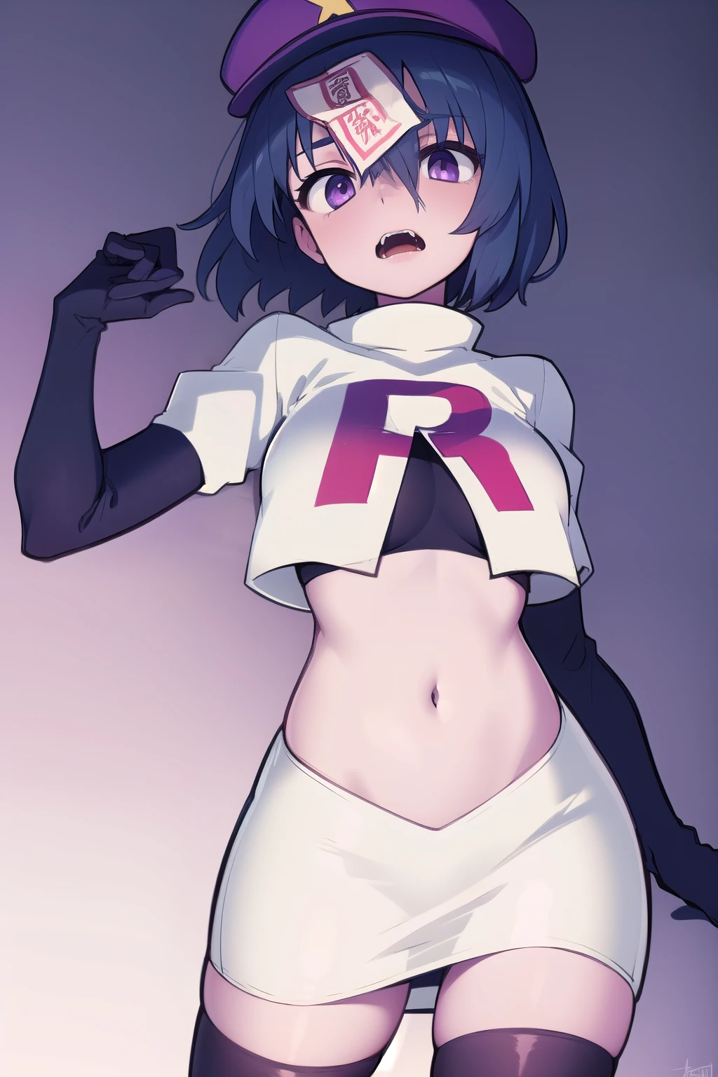 best quality, (masterpiece:1.2), illustration, absurdres,
(1girl), (solo), (beautiful detailed girl),
Miyako Yoshika, (blue skin, purple skin:1.1), dark blue hair, purple eyes, medium breasts, zombie, jiangshi, undead
blue hat with a yellow star, ofuda on forehead, fangs, looking at viewer,
team rocket,team rocket uniform,white skirt,red letter R,crop top,black thigh-highs,black elbow gloves, cowboy shot,
