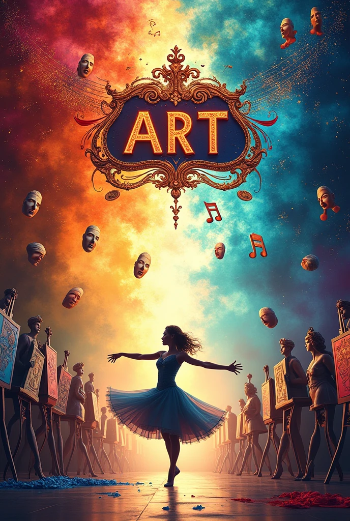 an image that represents the art discipline, that contains theater,Dance, music sculpture and painting. to produce a banner and display it in the classroom. 


