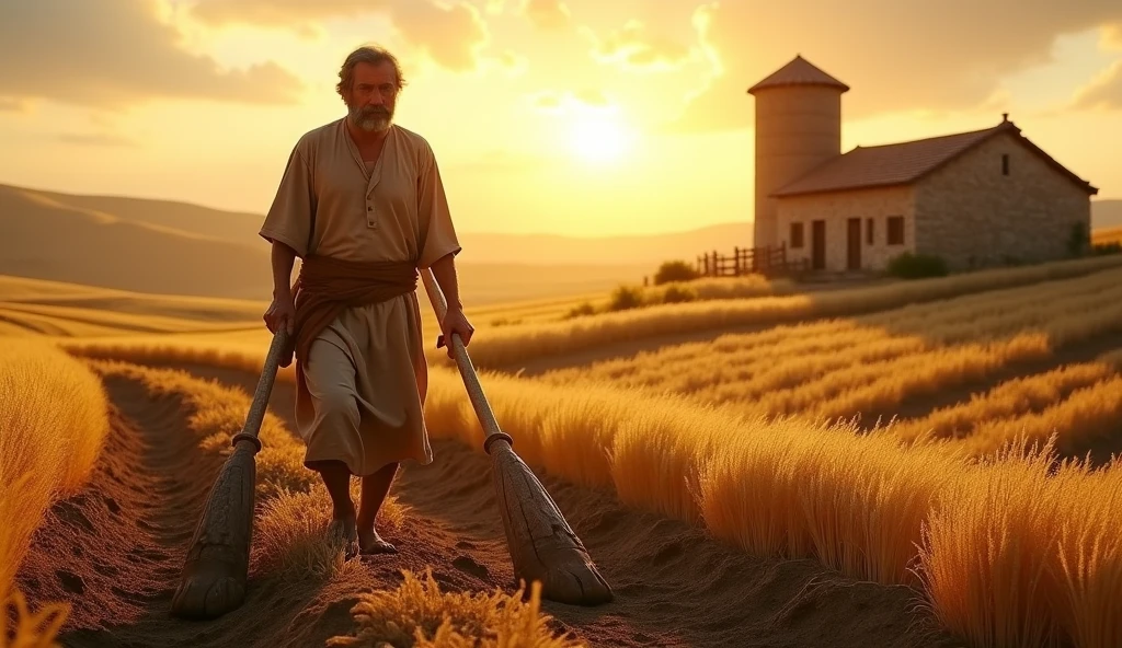 Create an image that visually represents the first part of the message in a biblical context: &#39;In all labor there is profit.&#39; Show a scene of a man or woman in biblical times working diligently, like a farmer plowing a field or a craftsman carving wood, with an aura of golden light around him, symbolizing divine blessing and reward for hard work. The background should include elements typical of the period, like a bountiful harvest or a built house, reflecting the prosperity that comes from diligent effort.