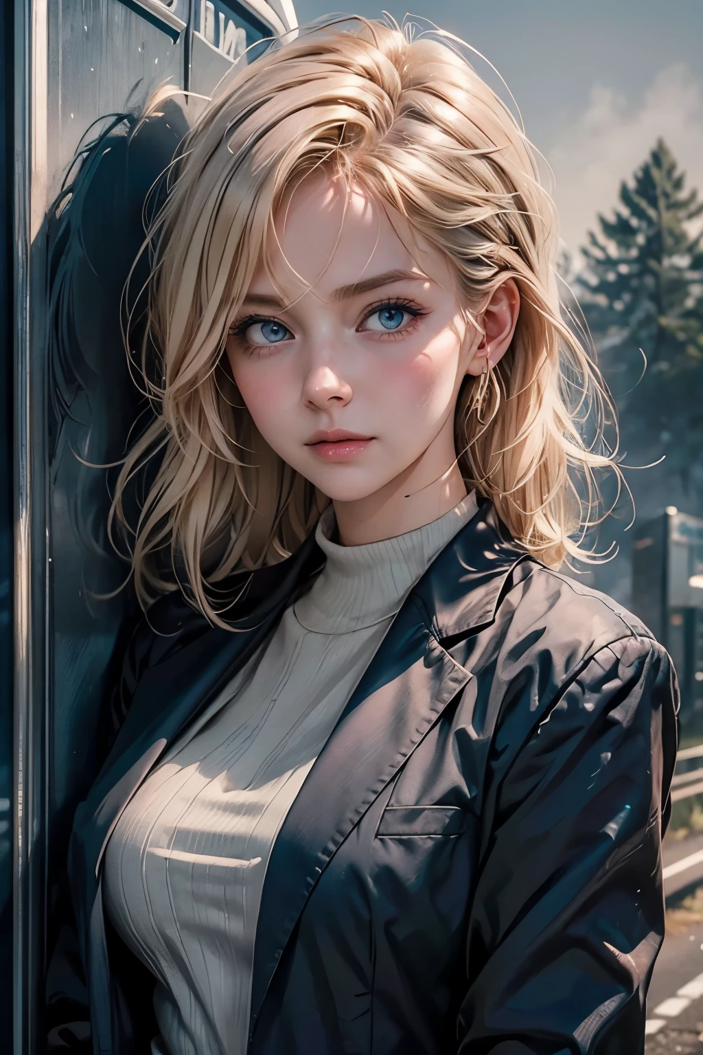 Upper body close-up image.A beautiful woman. Blonde hair and blue eyes. Late twenties. She is wearing a gray business suit. She is looking at the camera with a tense expression. She is standing alone on a country road. A thick fog gathers around her, and the shadow of a huge monster with wings can be seen in the space behind her.