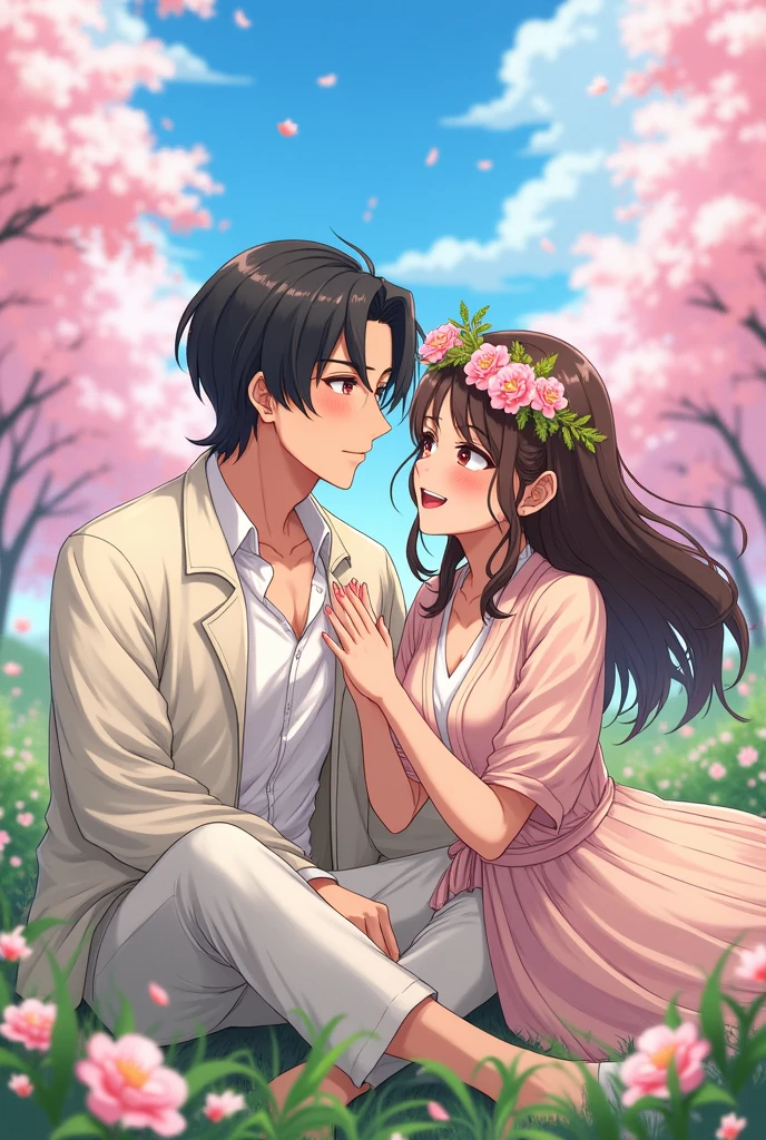 An anime man with black hair and dark maroon eyes and he is wearing a outfit for spring and with him is sitting an anime woman with long middle brunette hair and dark brown eyes and she is wearing outfit for spring and the woman is putting a flower crown on the top of the man's head and she is also wearing a flower crown and there is spring season