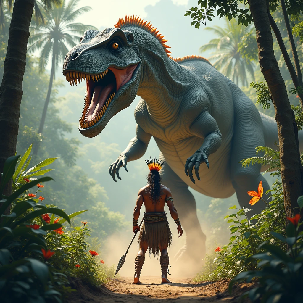 A spear-wielding tribal warrior confronts a dinosaur.