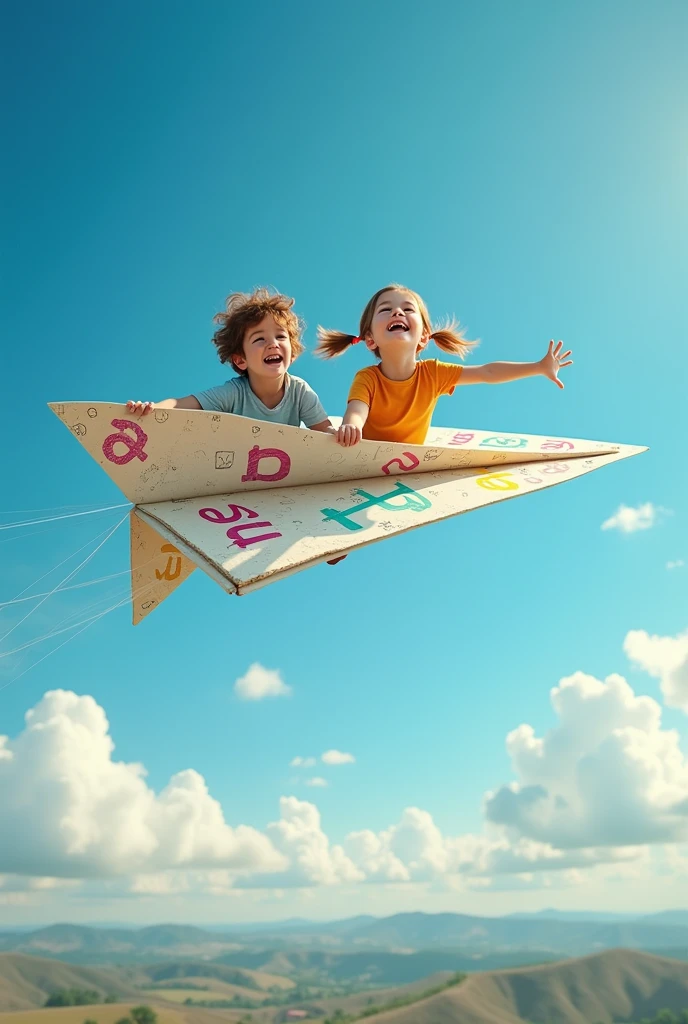 Image of a paper plane with letters and two children on it pretending they are flying 