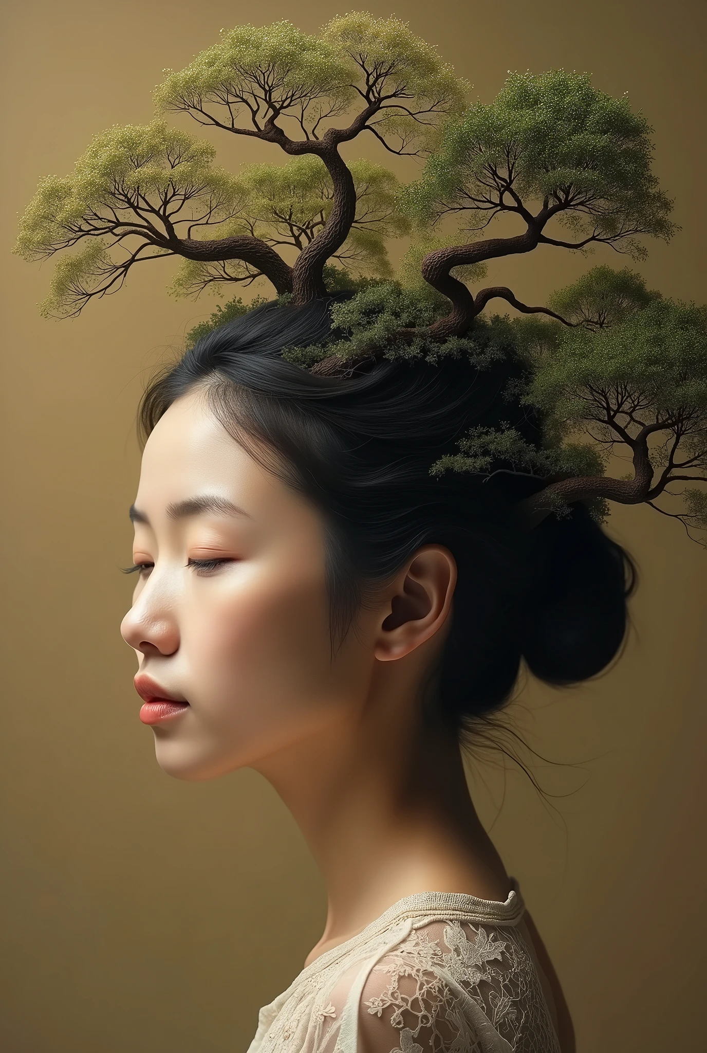 A portrait of an Asian woman with hair in the shape of branches, in the style of Mandy Disher, digital art style, brown background, surrealistic painting, elegant and intricate composition, detailed facial features, with trees growing from her head, symbolizing growth or connection to nature. The artwork is richly textured, creating depth and realism. It embodies tranquility and serenity, with soft lighting that enhances its ethereal qualit