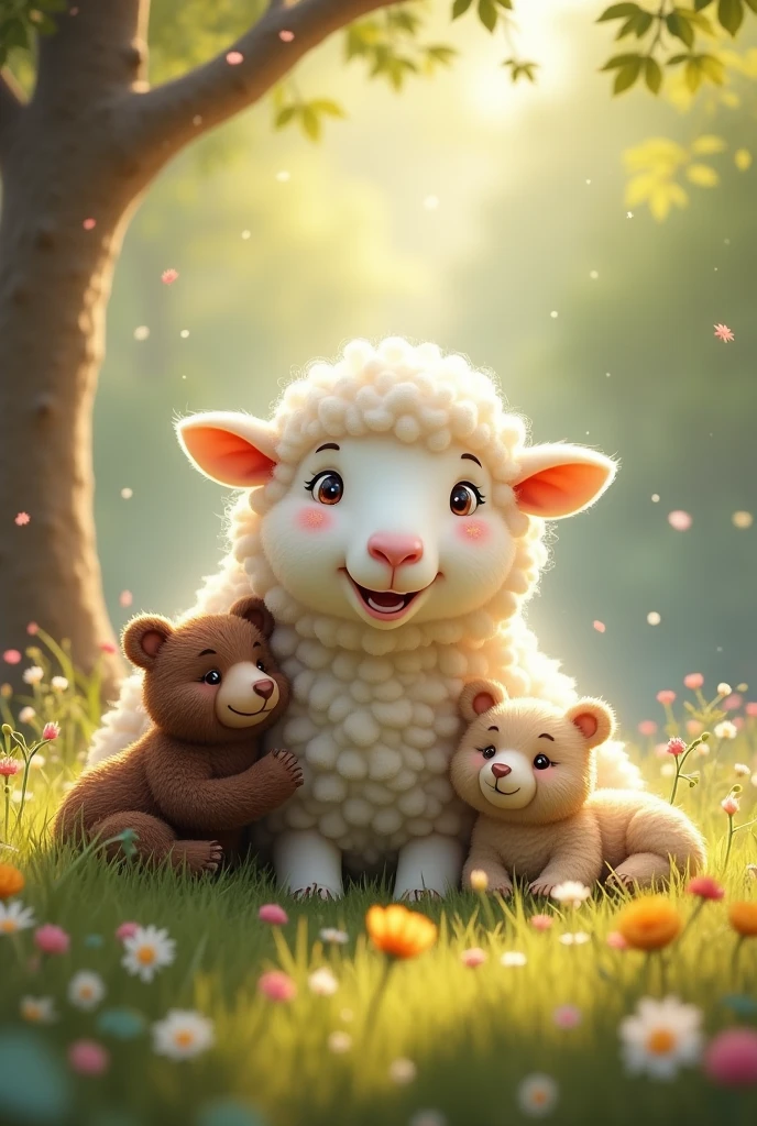 A furry and sweet sheep, with a grateful and happy expression, that is located near the bears.
