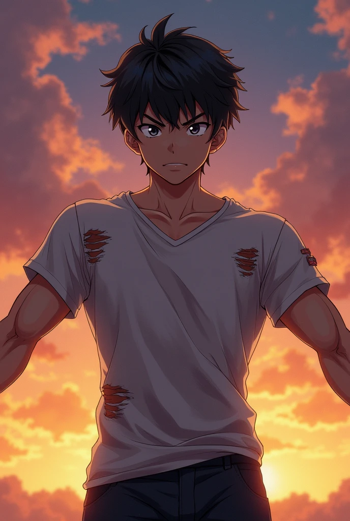anime style drawing of a strong and powerful boy&#39;s face with his back and arms open with a realistic ripped t-shirt

