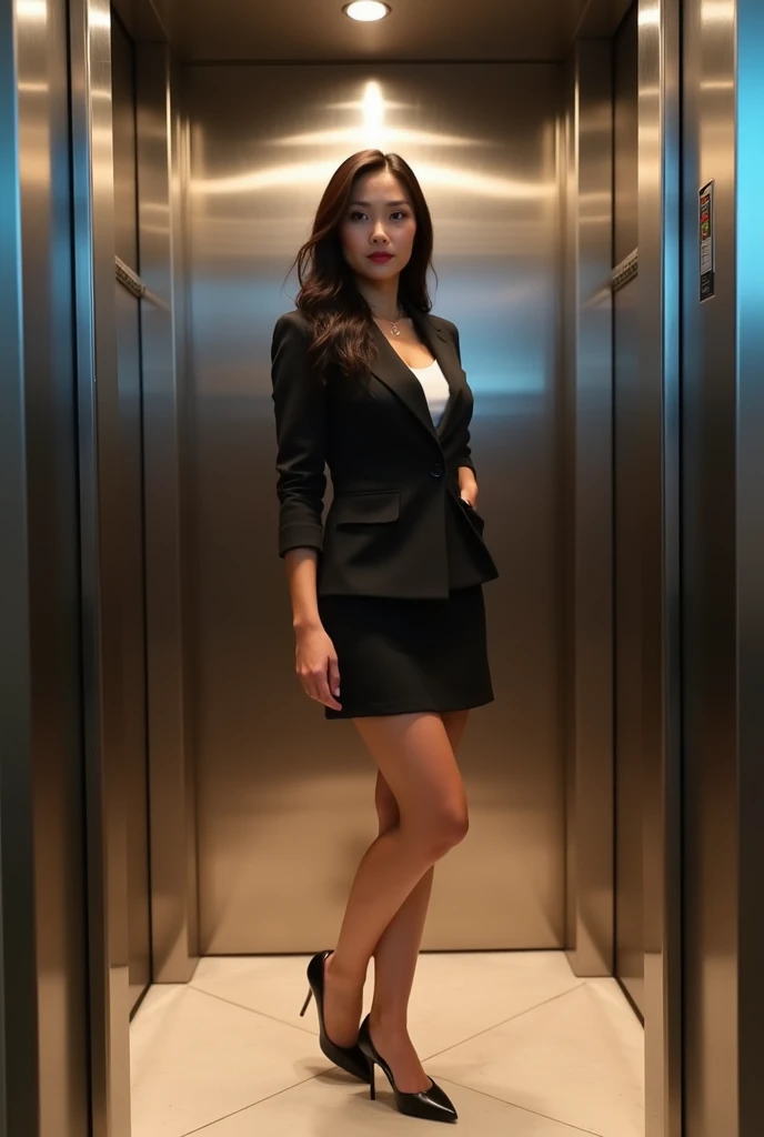 Mature oriental woman in a business suit with a miniskirt and a jacket and high heel sandals standing and full body in an elevator