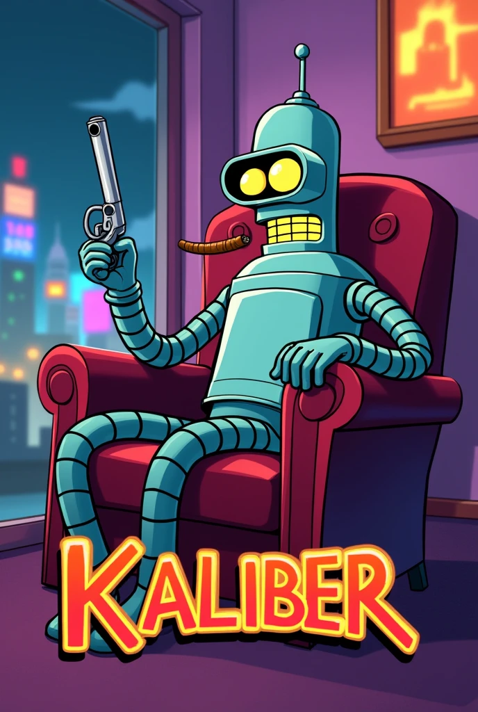 Bender from futurama cartoon smoking a cigar with a pistol sitting in a chair with the word “Kaliber” at the bottom