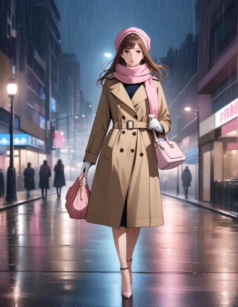 Masterpiece, hd, 1girl with long brown hair wearing a fully buttoned up closed and beige belted buckle knee-length trench coat with a pink headscarf wrapped around her head, a tucked up large pink winter wool scarf and white gloves carrying her large pink purse blown by the hard wind at the hard rainy night city street full body 8k)