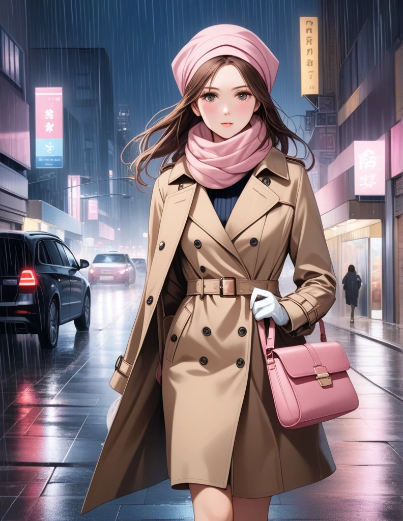 Masterpiece, hd, 1girl with long brown hair wearing a fully buttoned up closed and beige belted buckle knee-length trench coat with a pink headscarf wrapped around her head, a tucked up large pink winter wool scarf and white gloves carrying her large pink purse blown by the hard wind at the hard rainy night city street full body 8k)