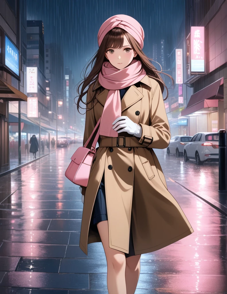 Masterpiece, hd, 1girl with long brown hair wearing a fully buttoned up closed and beige belted buckle knee-length trench coat with a pink headscarf wrapped around her head, a tucked up large pink winter wool scarf and white gloves carrying her large pink purse blown by the hard wind at the hard rainy night city street full body 8k)