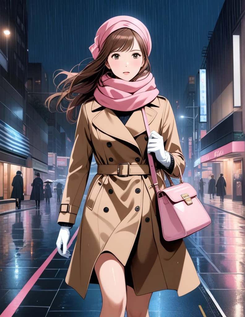 Masterpiece, hd, 1girl with long brown hair wearing a fully buttoned up closed and beige belted buckle knee-length trench coat with a pink headscarf wrapped around her head, a tucked up large pink winter wool scarf and white gloves carrying her large pink purse blown by the hard wind at the hard rainy night city street full body 8k)