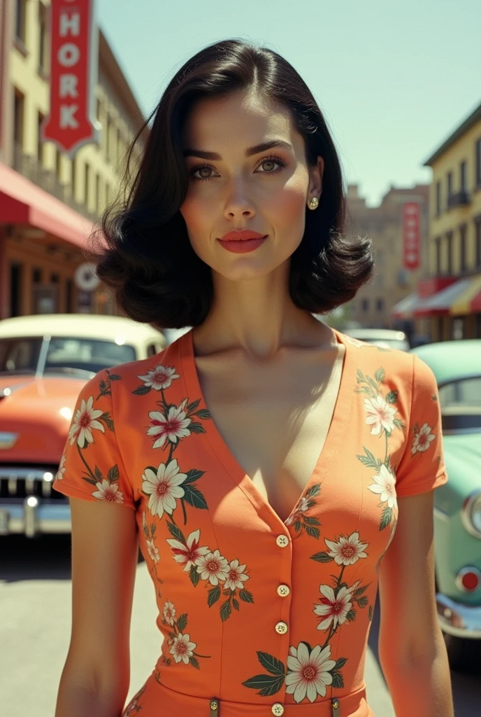 40s American woman with black hair、White skin