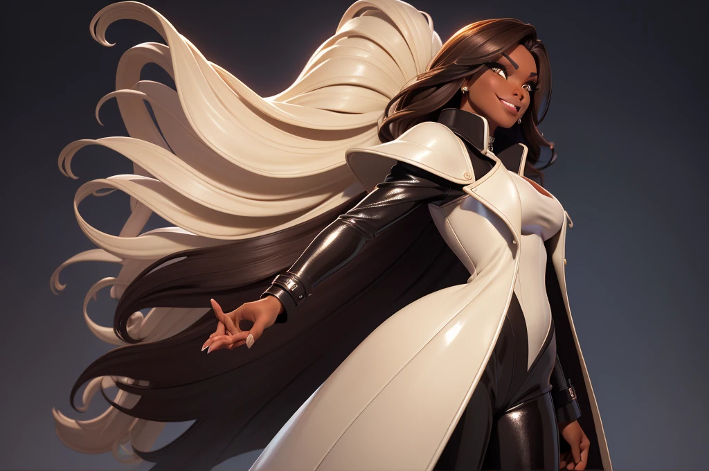 obra prima, melhor qualidade, ((only one woman,)) ((harris faulkner, dark black skin, brown bob hair, heavy makeup eye shadow, mouth open smile, ecstasy expression,)) (((wearing shiny cream leather long overcoat,))) ((overcoat has padded shoulders, overcoat has stiff high collar,)) (((overcoat is totally closed and covers body,))) body is very skinny, ((standing up in sexy pose,)) ((camera back view of upper body, tight glossy ass,)) shallow depth of field, highres, HD, 8k, anatomically correct