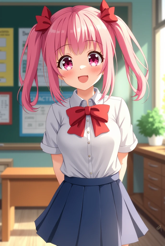 1adult_girl, solo, pink_hair, skirt, casual_uniform, smile, bow, long_hair, twintails, shirt, looking_at_viewer, pleated_skirt, arms_behind_back, pink_eyes, red_bow, white_shirt, chalkboard, standing, bowtie, blush, short_sleeves, red_bowtie, classroom, blue_skirt, day, hair_between_eyes, cowboy_shot, hair_bow, indoors