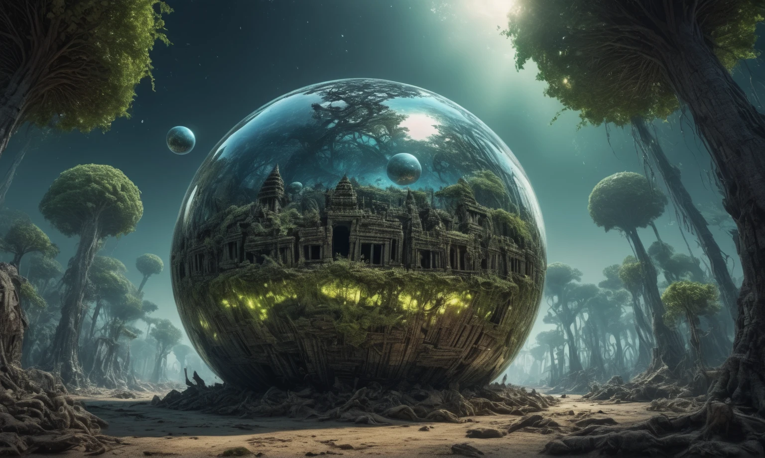 Glass sphere, close-up of a planet with a bunch of trees on it, overgrown planet, green planet, Fractal World, A lush world of fantasy, fantasy planet, Dyson sphere,  planetary landscape, round planet inspired by Jofra Bosschart, planet, Future World, psychedelic  Mysterious World,full body length shot,nerd graphite  Alien Entity,native africa slave ,nowadays azctec central city,Cinematic,soft colors, Technicolor,natural skin textures, hyper realism, hyper detailed,Extremely detailed,High contrast,Masterpiece,Realistic,Ultra Detailed, intricate details,realistic humid leather,extremely intricate details,Epic Realistic, cinematic style, irina yermolova,high contrast,hdr,extremely detailed, [deep night landscape],masterpiece, intricate details, eyes extremely detailed, high detailed eyes,8k resolution,retina, Nikon Z9,Korea,orc,Egypt, Pisces, transition between two art styles,full body length, Double contact, X-ray, Creative, vivid light, fantasy, Abstract, Surrealism, super detailed, high resolution,insanity national folk wear,skin  almost translucent, gothic elements, further emphasizing its dark air,Mestichino,Light particles,chaos,starfish's leather,Angkor Wat of Cambodia, terror,(fish eyes, calaveras)