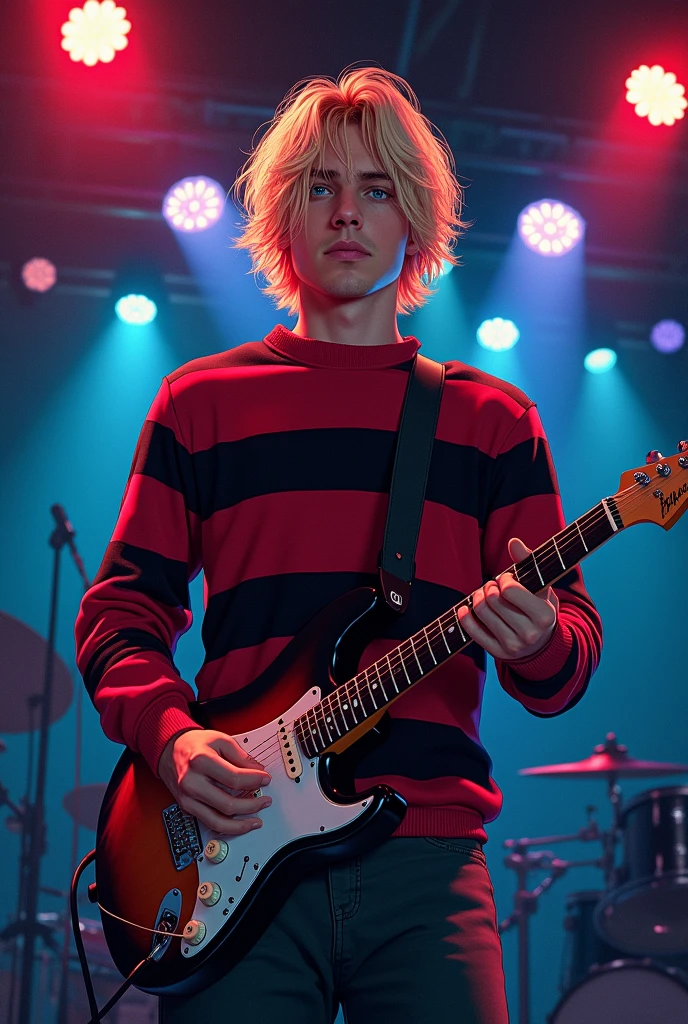 Make me an illustration of a blond man with messy hair that goes past his shoulders, blue eyes and white skin dressed in a red and black striped sweater and baggy pants, that his face is boring and that he has an electric guitar that he plays with his left hand