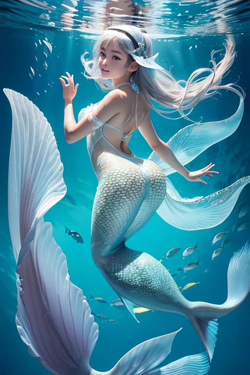 A sexy 13-yr Asian girl is illuminating(( wearing a fish head band))(( wearing transparent illuminating mermaids costume sexy full body detail anatomy figure)), wearing transparent one piece scally detailed on skin, wearing scally fish like skin texture body, lifting up plump pussy , wavy blue short braided hairstyles from the flow water, ((having fish tails instead of toes))( fish fins ears))(scally fish arms, torso, bottom, face, neck, shoulder & legs))((showing face near camera)) (accurate details of hands & fingers)) hard big errect nipples, open legs splitting position,exposed pussy line, exposed panties, exposed pussyline, smiling with teeth exposed. Sparkling gray eyes, charms, face details & fucos skin texture colored blue, swimming under the ocean showing corals, urchins, fish, turtle, whale, bubbles of air for accurate background masterpiece ((with illuminating full white crystalline gemstone illuminating fish like scales skin textured all over her body)) ((with gills)) swimming with ocean current waves under the sea,( many different perspective view character profile , front view, side view, rear view, of same face & clothing girls posing deferent angle))(( perfect details of mermaid body and tail fin anantomy))