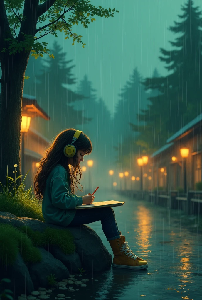 Lo-fi, Chillhop, Girl, rain, forest, town, evening