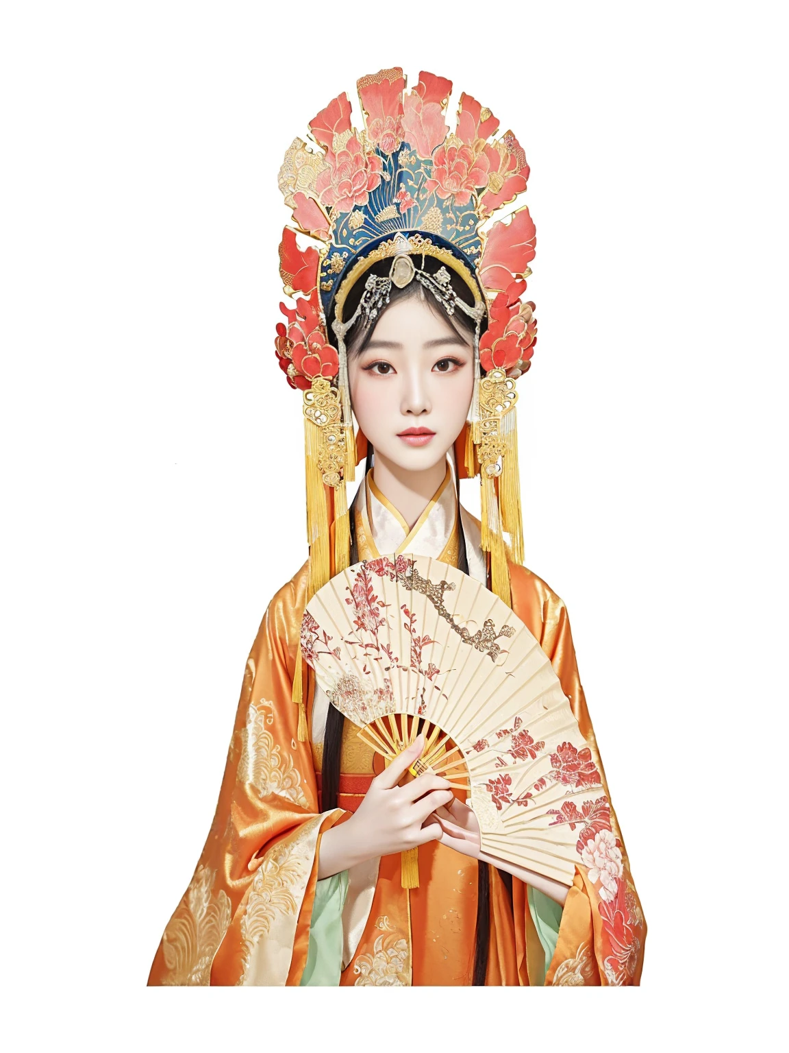 There is a woman in Chinese costume holding a fan。, palace , Girl wearing Hanfu, ancient Chinese Princess, Beautiful fantasy queen, Chinese Empress, Chinese Princess, Peking Opera, Ancient Asian Dynasty Princess, A beautiful artistic illustration, Wearing ancient Chinese clothes, Ancient Chinese Goddess, Ancient Chinese Art Style, ((Beautiful fantasy queen)), Ancient Chinese beauties