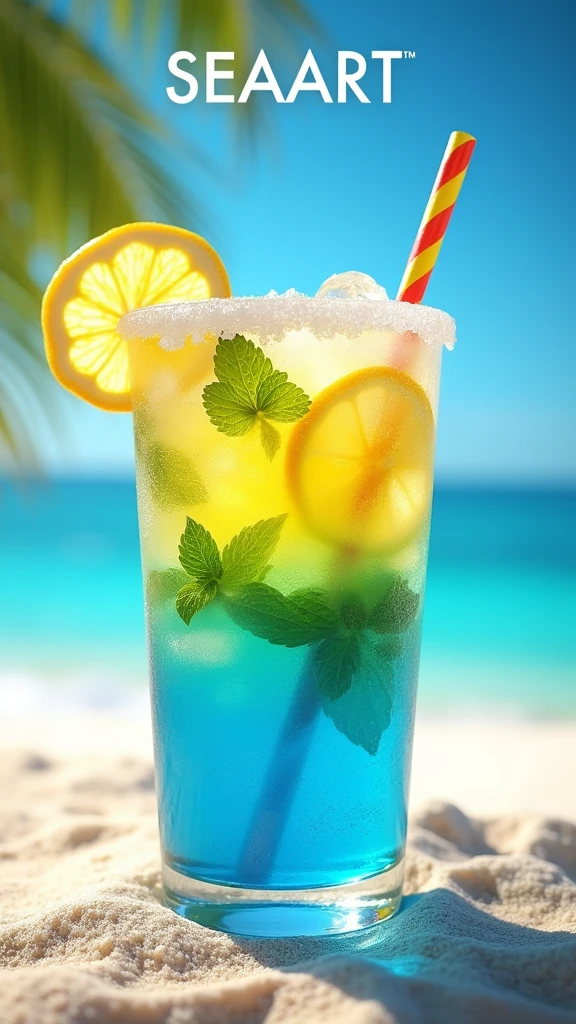 A glass of summer ice drink poster，Text writing SEAART