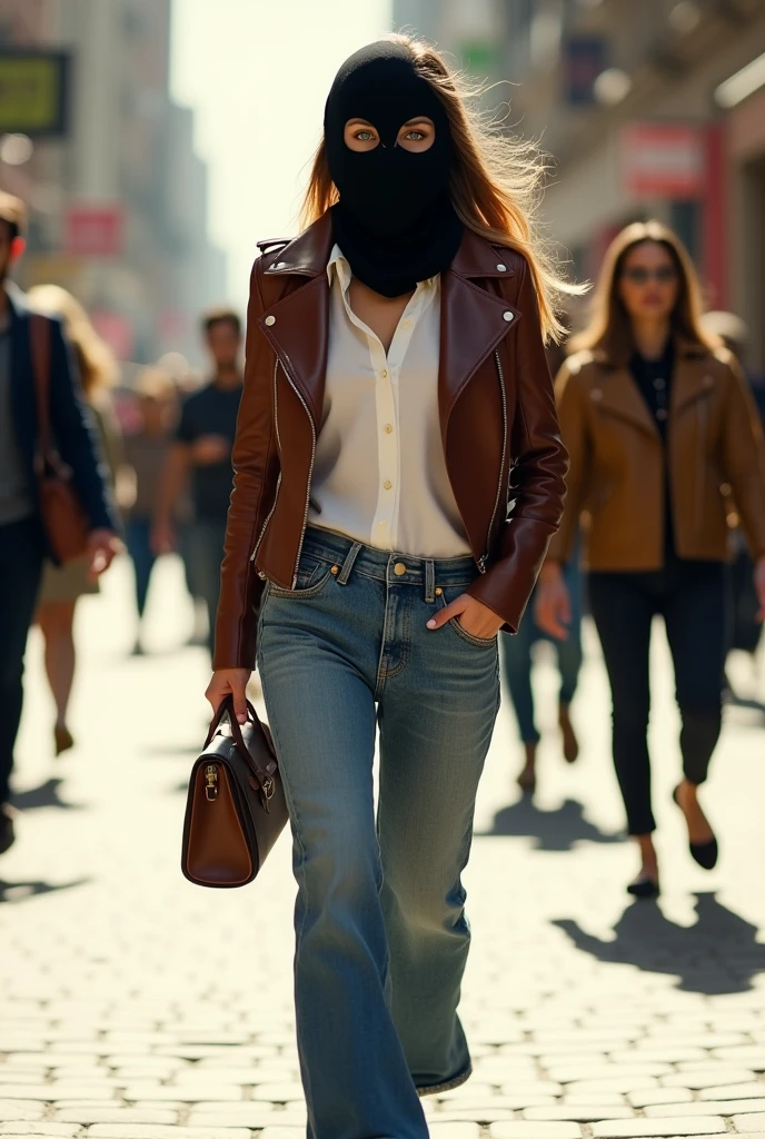 completely hidden face misterious white arabic woman wearing 2 eye holes black ski mask covering mouth and nose, without hair, green eyes, brown biker leather jacket, white formal vutton down blouse, wide leg denim pants, walking on the street, leather beg, high hill sandals, sunny day