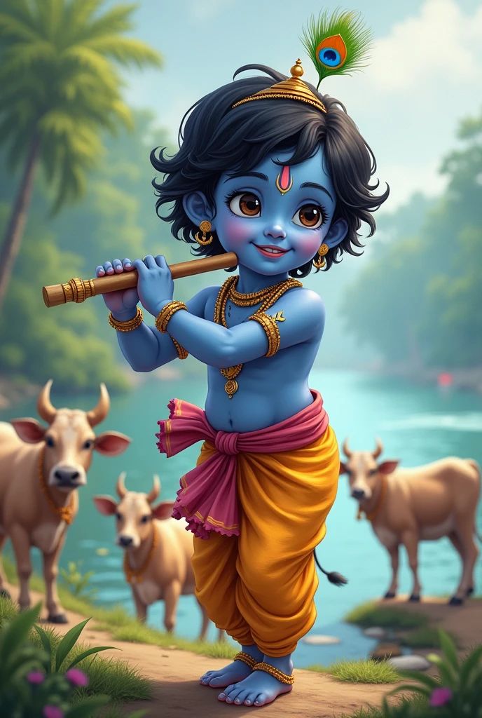 Anime face,Portrait Photography,Little Krishna,flute in hand, yamuna river bank background,cows,gopikas behind,namam in forehead, peacock feather in head, mother yasoda behind,cloudy weather