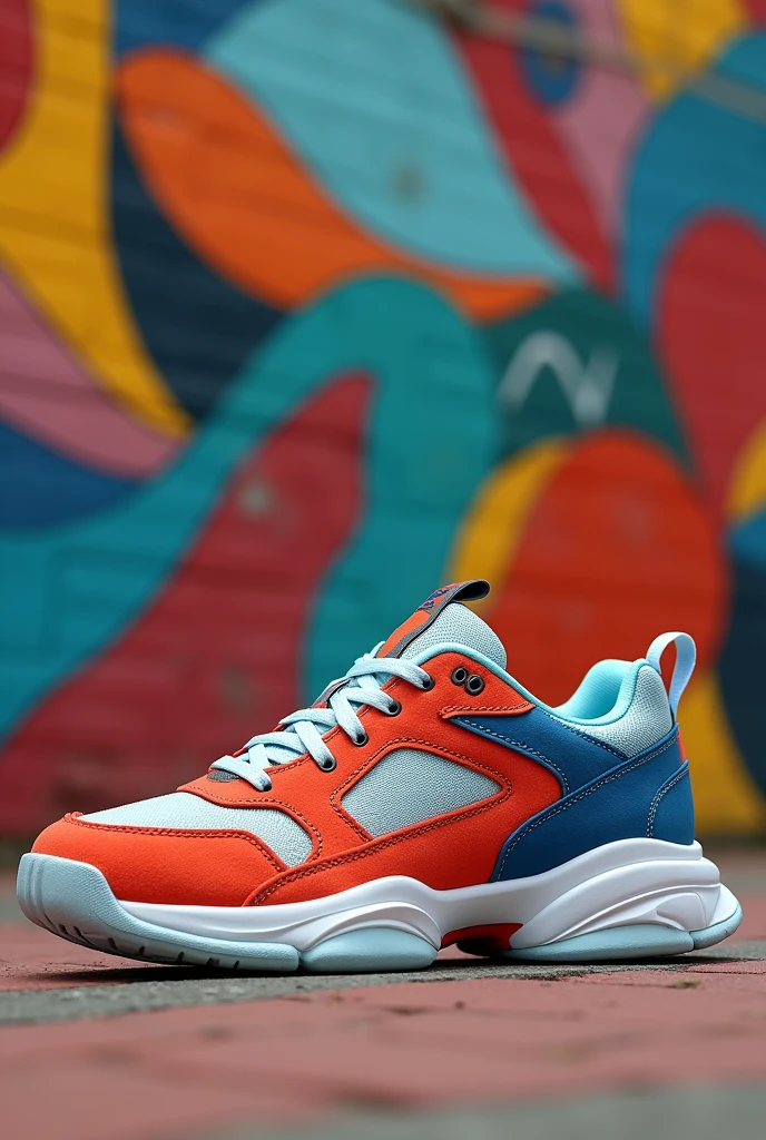 Design a system for a tennis shoe with an interchangeable sole for cardio and weight training that is inspired by a Memphis style
