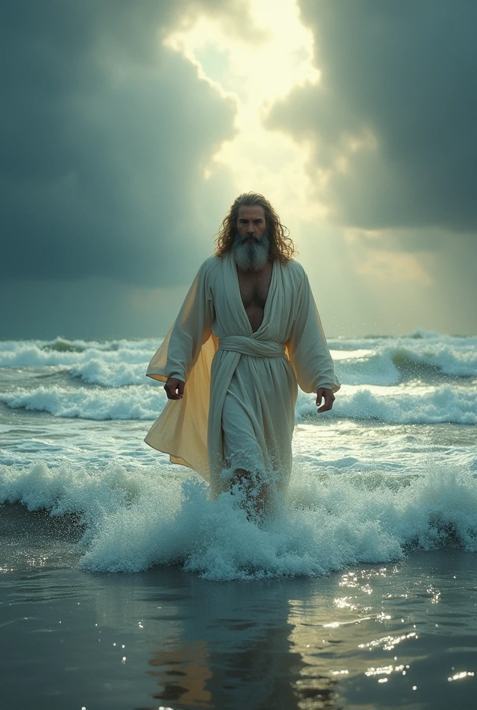 man in Jesus' robes crossing over turbulent sea