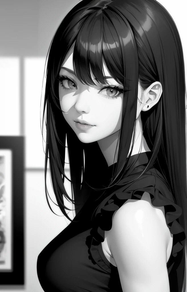 1girl, solo, monochrome, greyscale, short black hair, portrait, T-shirt, closed mouth, looking at viewer, sketch, graphite \(medium\), small lips, hatching \(texture\), without makeup, bangs, upper body, (best illustration), (best quality), (very detailed), (masterpiece),