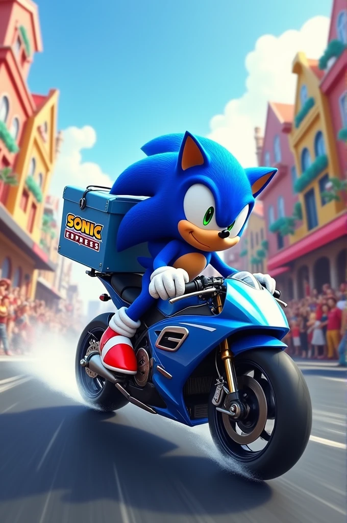 Sonic riding a motorcycle with a delivery backpack that says "Sonic Express"