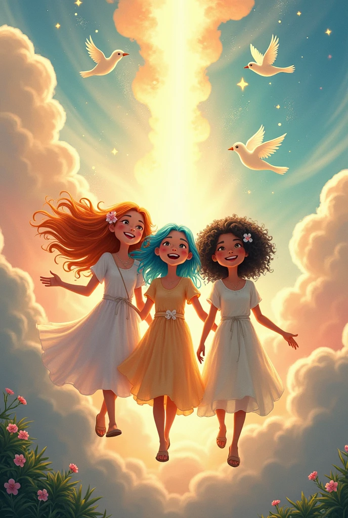 An image of three friends reaching heaven