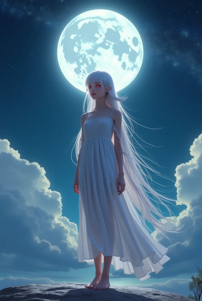 unparalleled masterpiece, ultra realistic 8k CG,masterpiece,3D,(delicate photograph,ultra_detailed,16k,raw photo:1.3),(realistic:1.9,photorealistic:1.9), 1 girl standing under the moon,looking at viewer, solo,(full body),red eyes,alone,very long hair,white hair,hair ornament, sleeveless, off shoulder dress,sideless dress, barefoot,starry sky,fantasy,