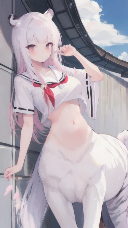 (best quality, masterpiece), 1 girl, centaur, I beg, White skin, Japanese schoolgirl,daughter,black pink, exposing the abdomen, belly button t-shirt , beautiful girl perfect, White tiger photo, 완벽한 White tiger photo