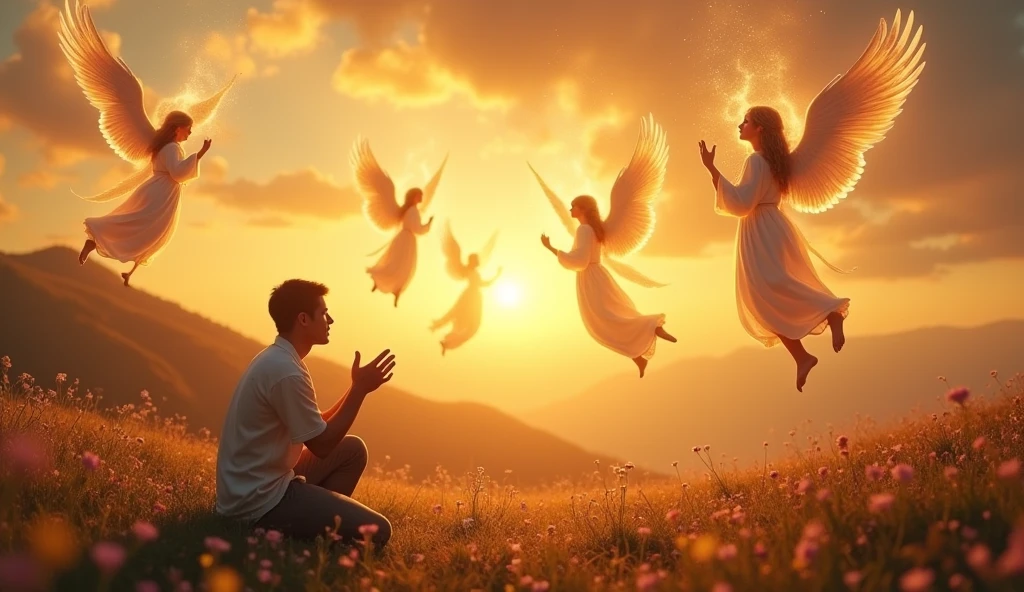 A realistic man kneeling praying in a beautiful landscape with angels flying in the sky protecting with lots of light and fire with sparks fire 