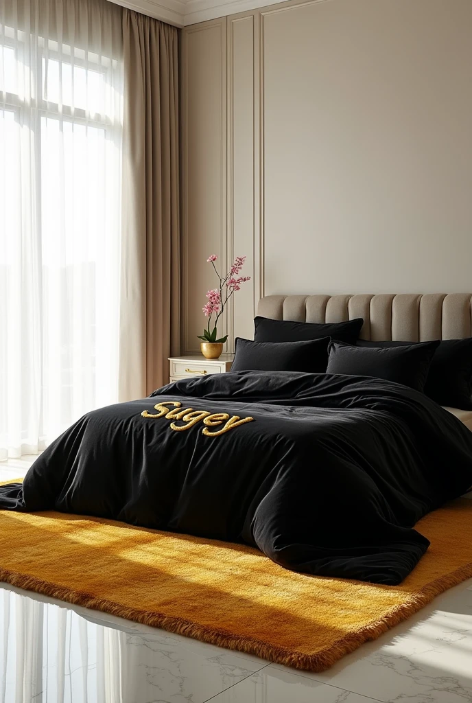 Oversized bed and black Versace king size duvet with Sugey's name in gold, ivory marble floor, minimalist bedroom, gold Versace rug