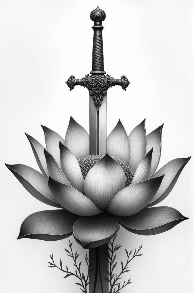 Imagine a lotus flower in full bloom, with its open and detailed petals. The sword could be in an upright position, passing through the center of the flower, with an elegant design on the blade and a decorative handle. You could add details like shadows or colors to give more depth to the tattoo.. In black and white 