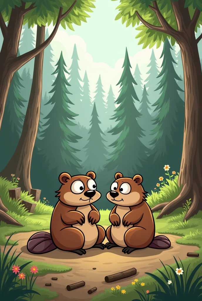 A pair of beavers in the forest watch sadly as their wooden house was destroyed by a storm that swept it away, With cartoon drawing style