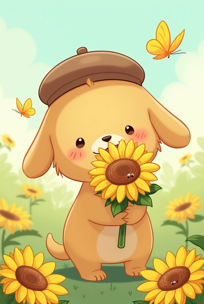 make pompompurin holding a bunch of sunflowers